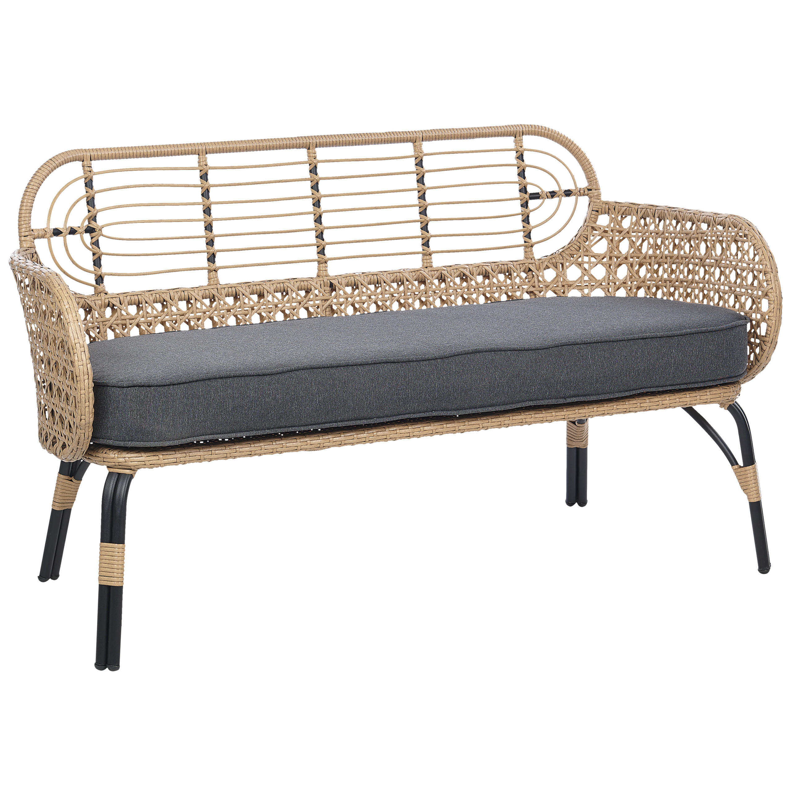 GARTENSOFA 2-Sitzer Rattan natürlich 122 cm Auflage graphitgrau Pratello - Beige/Schwarz, Kunststoff (122/79/59cm) - Beliani