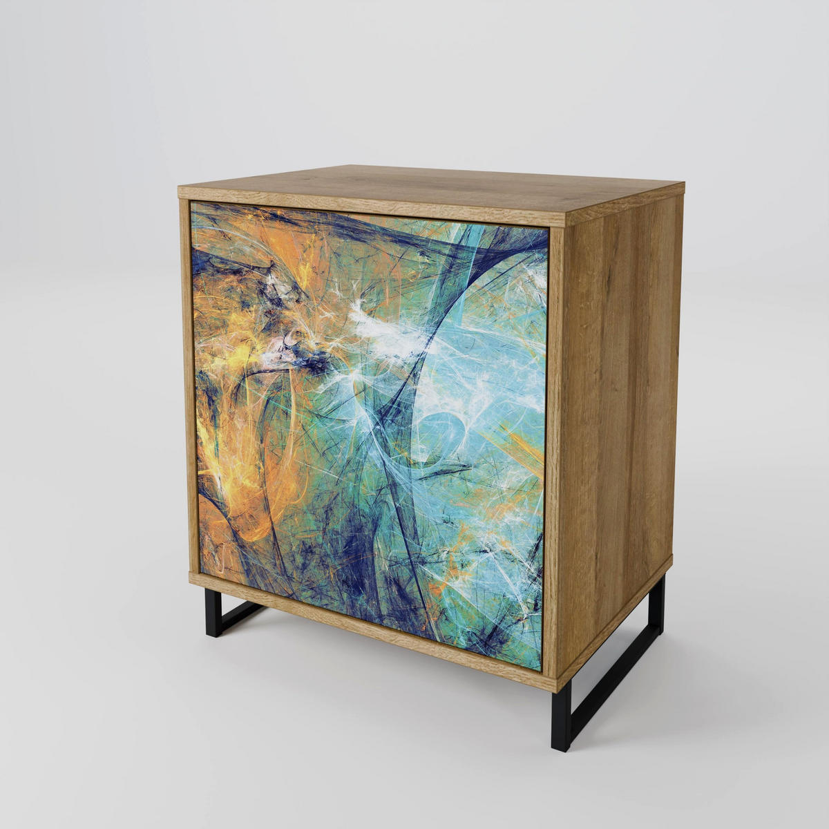 SIDEBOARD ABSTRACT THOUGHTS, Eichefarben, 57,5x42x70,5 cm, Schwarze Metall-Sternfüße - Eichefarben/Multicolor, Holzwerkstoff/Metall (57.5/70.5/42cm) - SpaceRebels