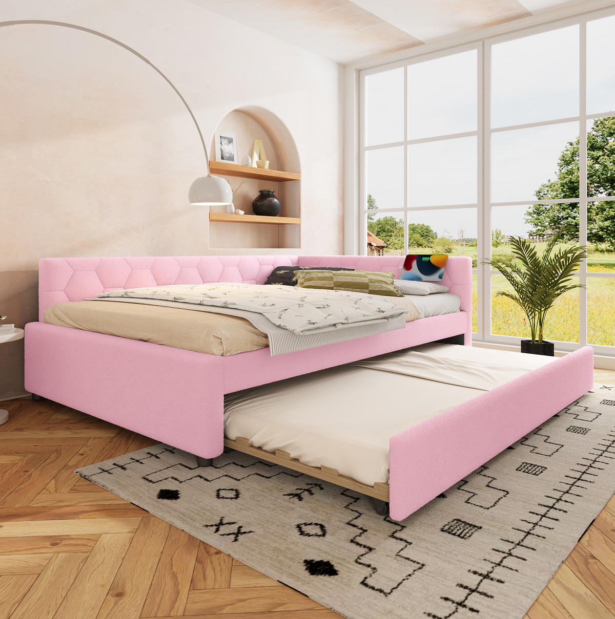 BETT 140/200 cm in Rosa – mit Ausziehbett, USB/Typ-C und inkl. Lattenrost - Rosa, Textil (140/200cm) - BEAOK