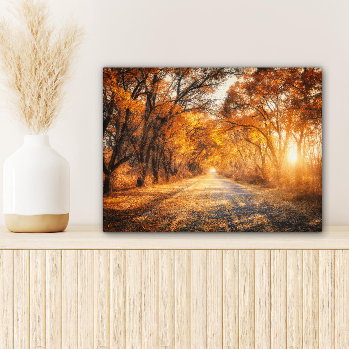 LEINWANDBILD Wald - Herbst - Bäume - Waldweg - Natur Wandbild 40x30 cm - Bernsteinfarben, Textil (40/30cm) - MuchoWow