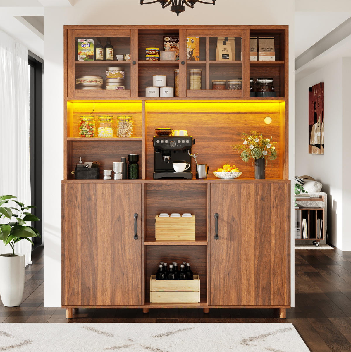 ANRICHTE Hochschrank 140/40/185 cm aus MDF und Glas mit LED-Beleuchtung und Schiebetüren Walnussbraun - Braun, Holzwerkstoff (140/185/40cm) - Modenvie