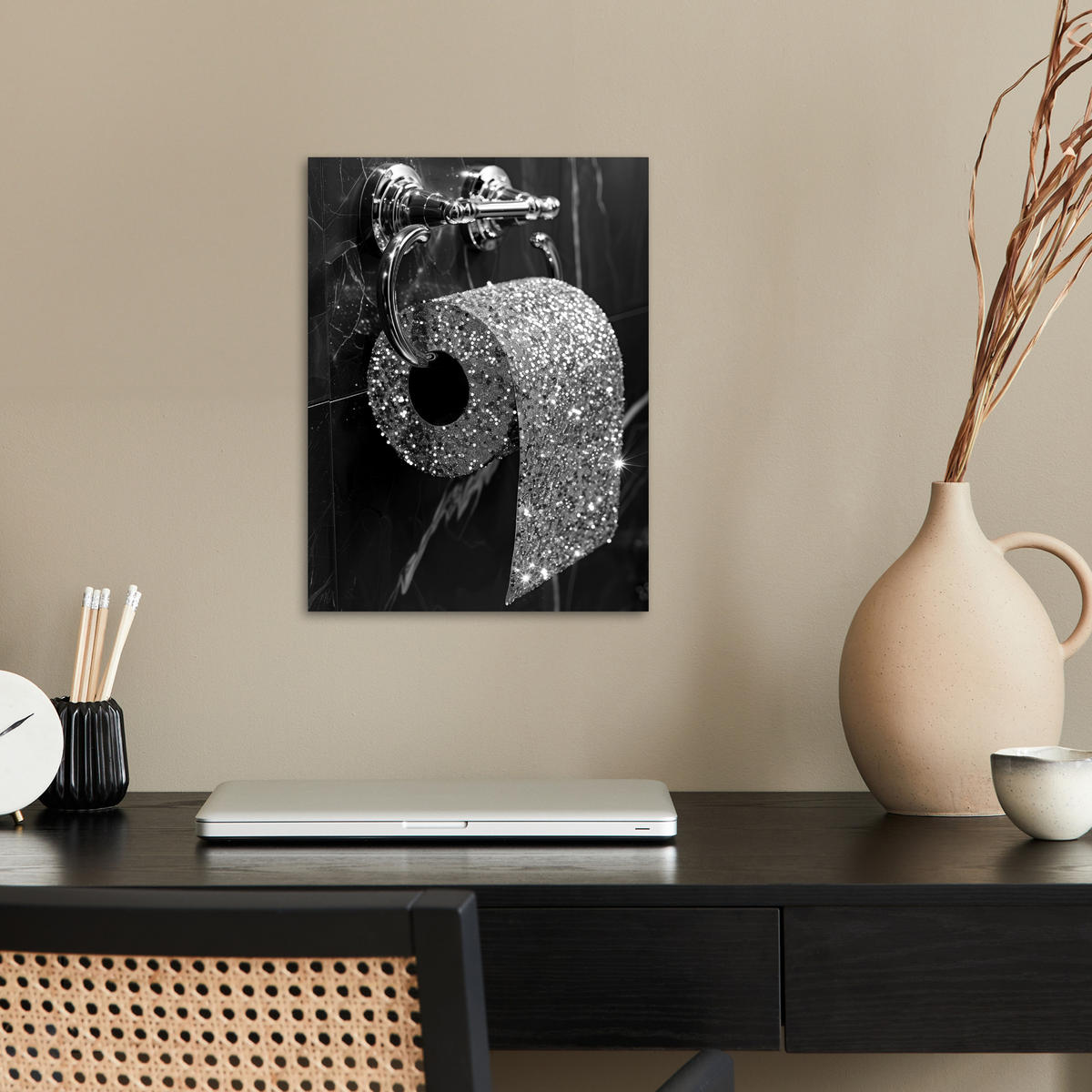 POSTER WC - Toilettenpapier - Schwarz und weiß - Glitter 30x40 cm - Silberfarben, Papier (30/40/0.1cm) - MuchoWow