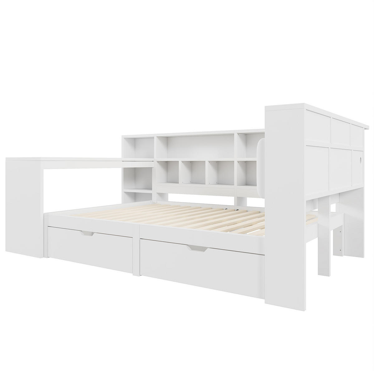KREVET 140/200 cm s L-oblikom, radnim stolom, policom i LED osvjetljenjem, Bijela - bijela, drvni materijal (140/200cm) - Redom