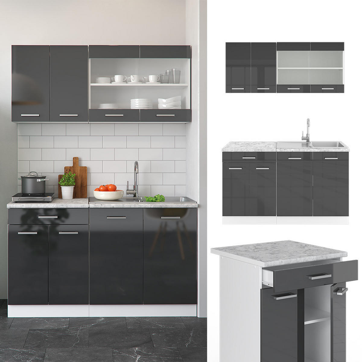 SINGLEKÜCHE R-Line Anthrazit Hochglanz/Weiß 140 cm, AP Anthrazit - Anthrazit/Weiß, Holzwerkstoff (140/81.6/60cm) - Vicco