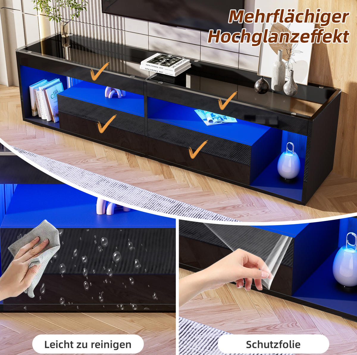 LOWBOARD 180/40/46 cm in Schwarz mit LED-Beleuchtung und 2 Schubladen - Schwarz, Holzwerkstoff (180/46/40cm) - Flora Grace