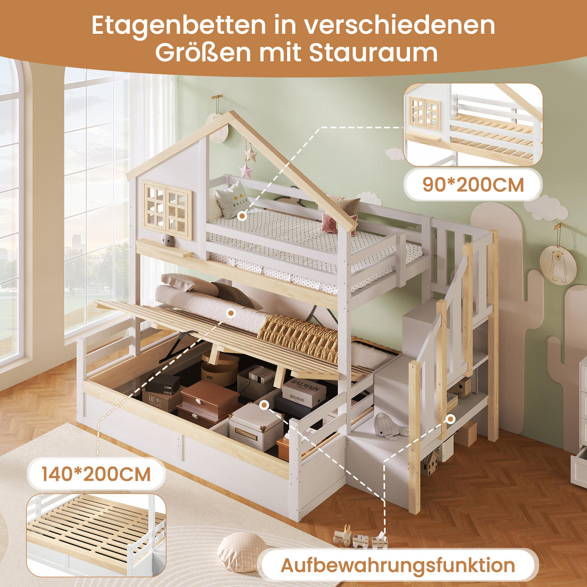 ETAGENBETT 90/200 cm & 140/200 cm in Weiß & Natur mit Stauraumleiter und Bettgitter - Weiß/Naturfarben, Holz/Holzwerkstoff (140/200cm) - CHICFURN