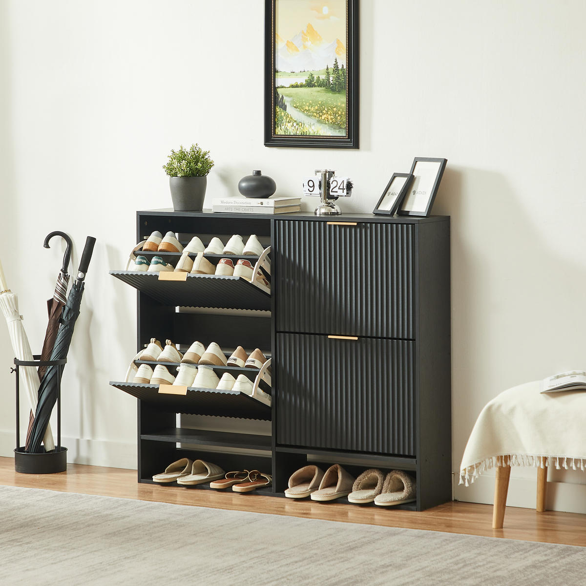 SCHUHSCHRANK Schwarz 120/24/102 cm - Schwarz, Holzwerkstoff (120/102/24cm) - PANGIVO