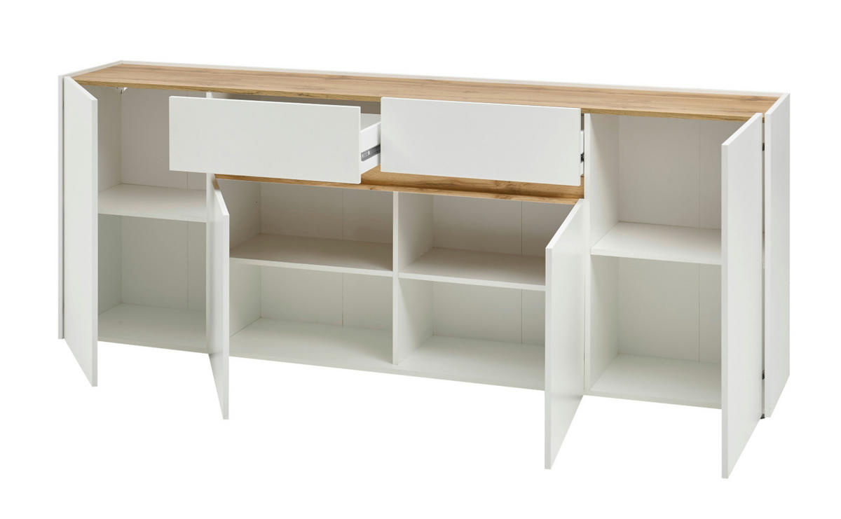 SIDEBOARD weiß, Eiche Wotan 220 cm, Kommode mit 8 Fächern - Eiche Wotan/Schwarz, Holz/Holzwerkstoff (220/87/40cm) - Furn.Design