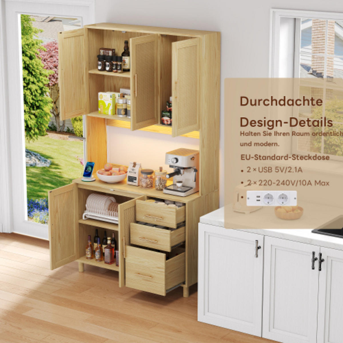 KÜCHENSCHRANK Naturoptik aus MDF mit Rattanfront, LED-Beleuchtung und integrierten Steckdosen 100×40×183 cm - Naturfarben, Holzwerkstoff (100/183/40cm) - Luhomfu