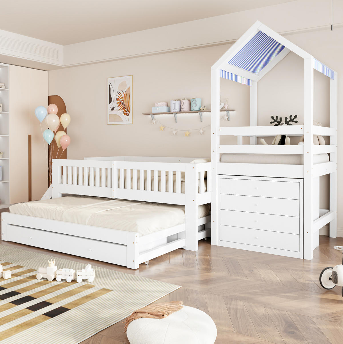 KINDERHAUSBETT 90x200 cm Weiß aus Massivholz mit Ausziehbett 90x190 cm, Treppe, Schubladen und Stoffdach - Weiß, Holz (90/200cm) - Modfu