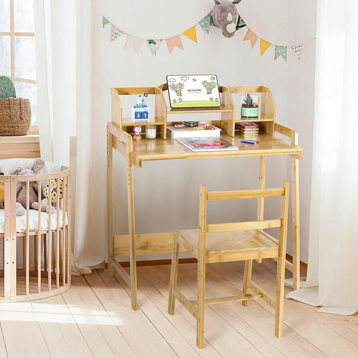 KINDERSCHREIBTISCH-SET Bambus höhenverstellbar mit Stuhl und Stauraum - Hellbraun, Naturmaterialien (80/95/50cm)