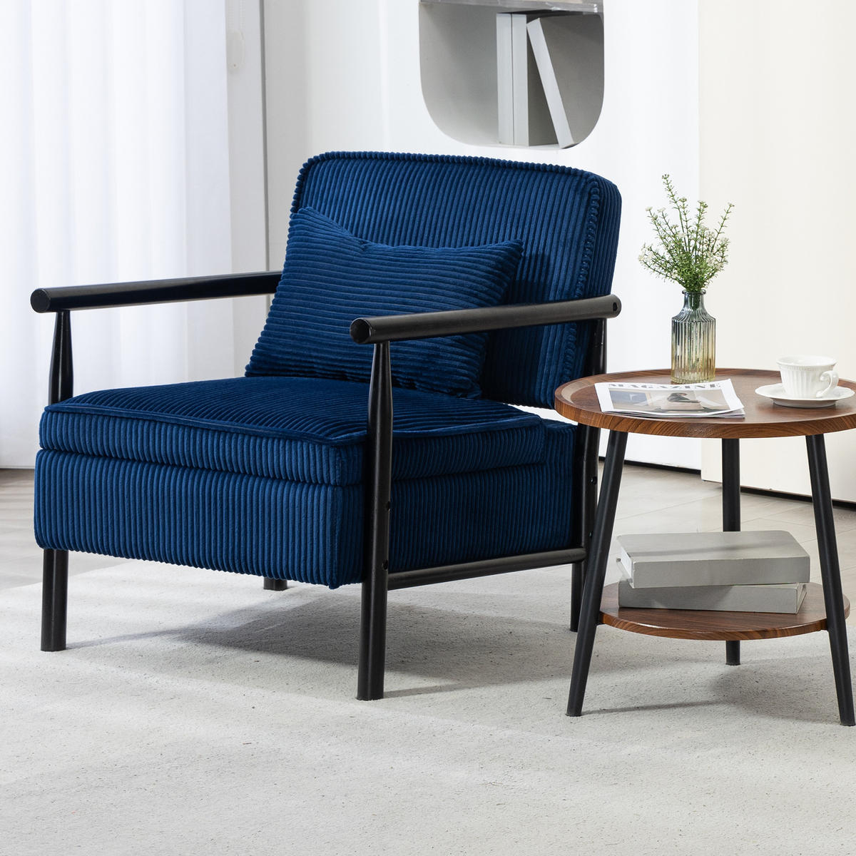 SESSEL Samt Blau mit Lendenkissen und Ablage - Blau, Holzwerkstoff/Textil (93/73/66cm) - WISHDOR