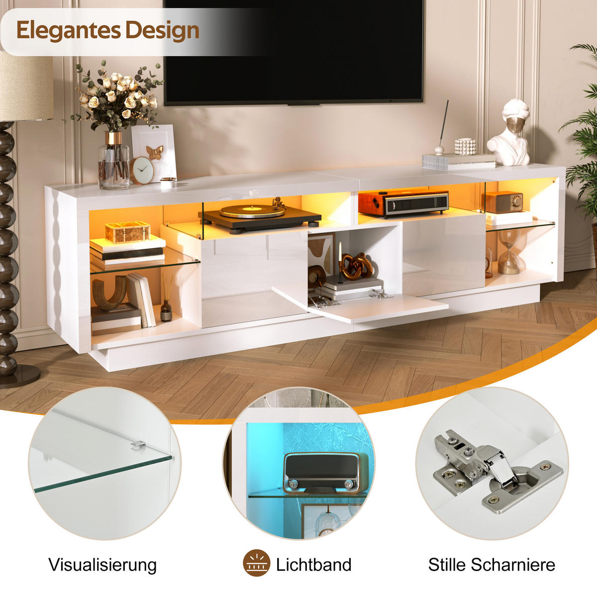 TV-SCHRANK 200/38/55 cm Weiß Hochglanz mit LED-App und 3 Türen - Weiß, Holzwerkstoff (200/55/38cm) - Oxeza