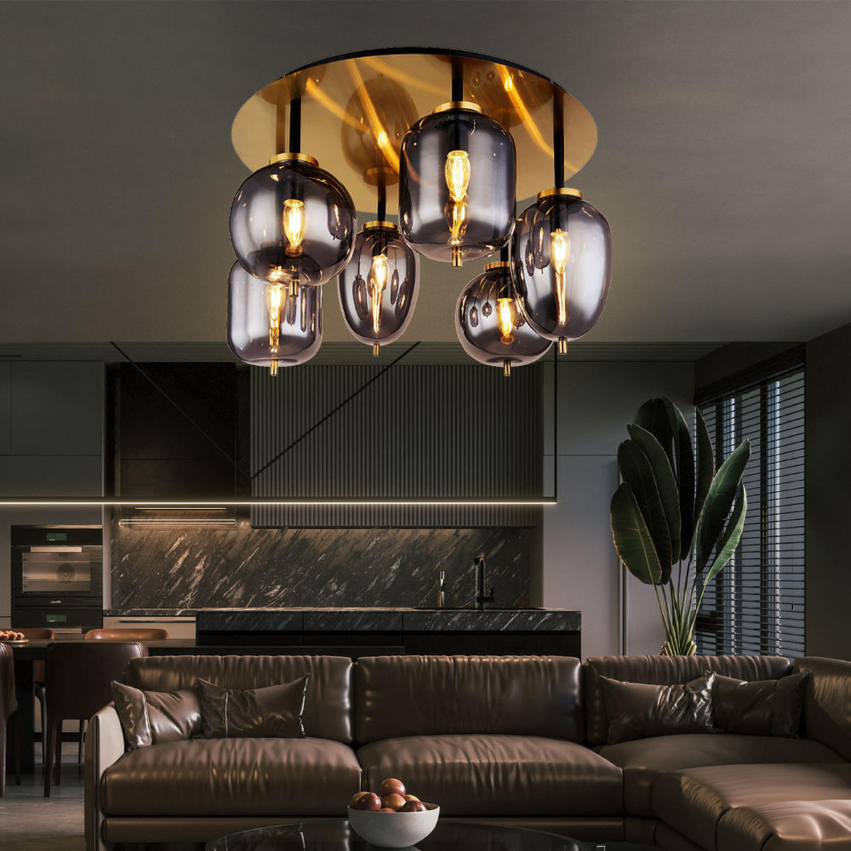 DECKENLEUCHTE Metall Glas Grau 6 Flammig - Grau, Glas (65/65/38cm) - Globo Lighting