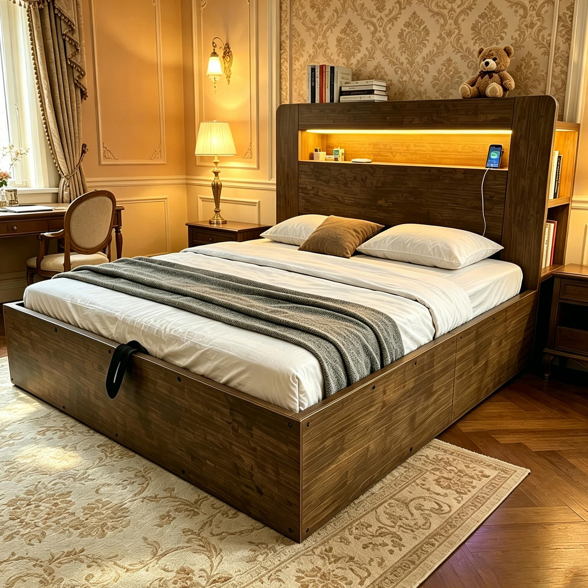 POLSTERBETT 140/200 cm Holzfarbe mit Hydraulische Aufbewahrungsfunktion und LED-Kopfteil - Eichefarben, Holz (140/200cm) - Oxeza