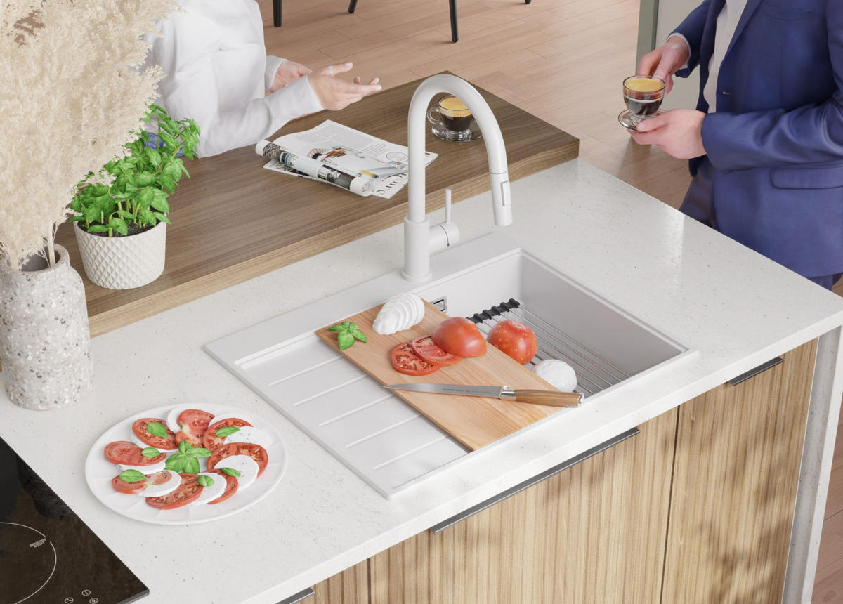 SPÜLBECKEN Sydney, 2-er set Weiß 62/50 cm 1 Becken + Ablauf-Set + Küchenzubehörset ab 45er Unterschrank - Chromfarben/Beige, Kunststoff (62/20/50cm) - Primagran