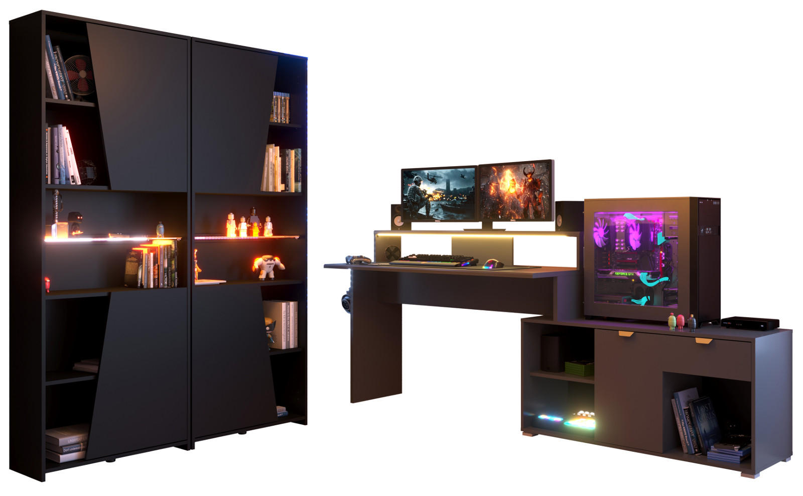 SCHREIBTISCHKOMBINATION schwarz, grau, Set Gamingtisch und 2x Regal inklusive LED mit Farbwechsel - Schwarz/Grau, Holzwerkstoff/Kunststoff (180/229/180cm) - Parisot Meuble