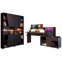 SCHREIBTISCHKOMBINATION schwarz, grau, Set Gamingtisch und 2x Regal inklusive LED mit Farbwechsel - Schwarz/Grau, Holzwerkstoff/Kunststoff (180/229/180cm) - Parisot Meuble