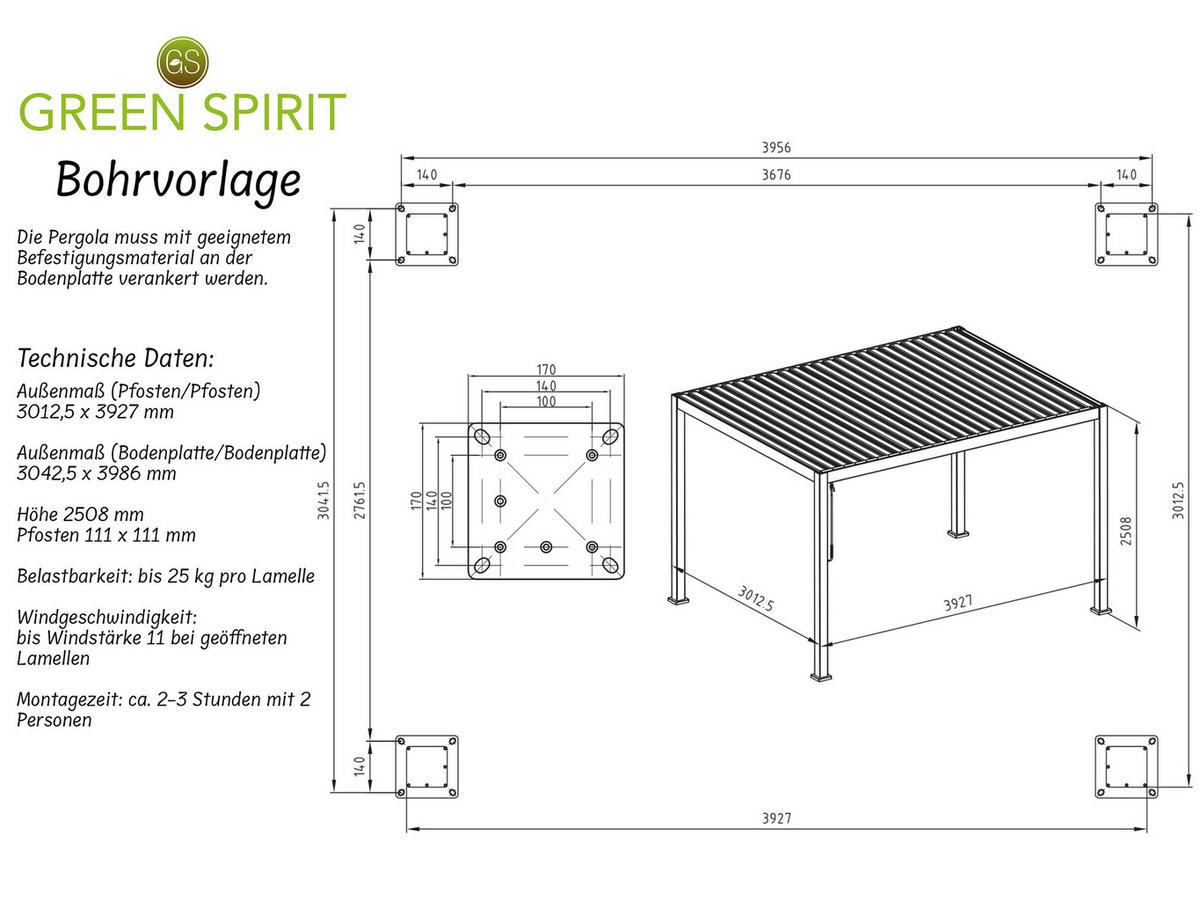 LAMELLENDACH-PERGOLA Mirador Classic 3 x 4 m Anthrazit Aluminium - Grau, Kunststoff (400/250/300cm) - Green Spirit