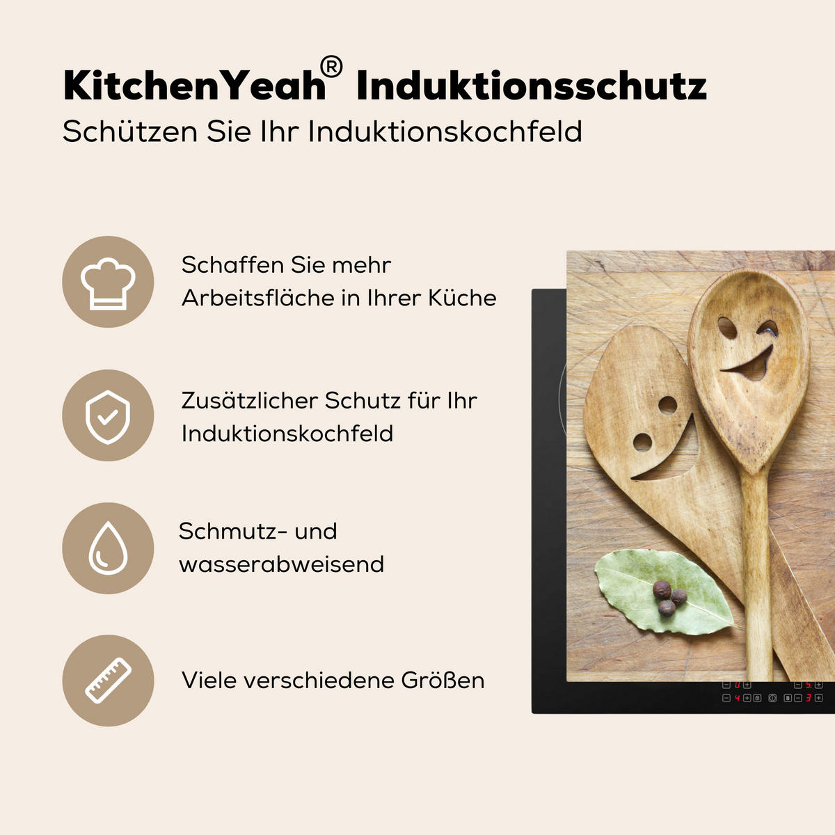 HERDABDECKPLATTE Holz - Löffel - Braun - Smiley 77x51 cm - Hellbraun, Kunststoff (77/0.2/51cm) - MuchoWow