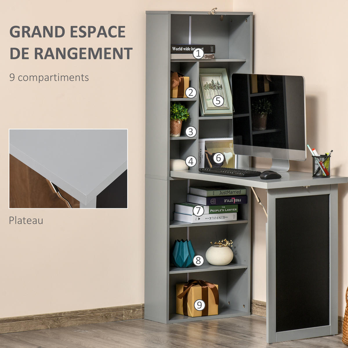 SCHREIBTISCH Holzoptik klappbar mit Regal und Tafel 98/51/153 cm - Grau, Holzwerkstoff (51/98/153cm) - PANGIVO