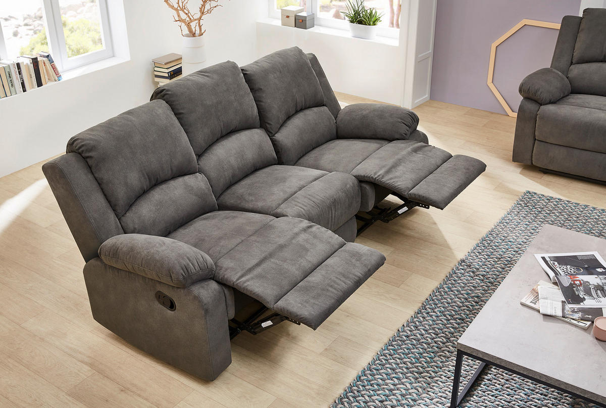 3-SITZER-RELAXSOFA Federkern, Liegefunktion verstellbar durch halbautomatische Relaxfunktion B204/T87/H97 cm, Mikrofaser Vintage Anthrazit/ 15131 - Anthrazit/Schwarz, Textil (204/97/87cm) - luma-home