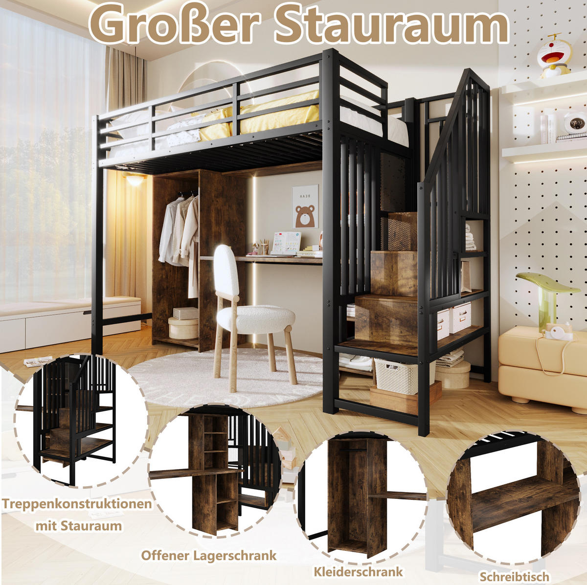 HOCHBETT 90/200 cm aus Metall und MDF mit Kleiderschrank und Schreibtisch Schwarz - Schwarz, Metall (90/200cm) - Modenvie