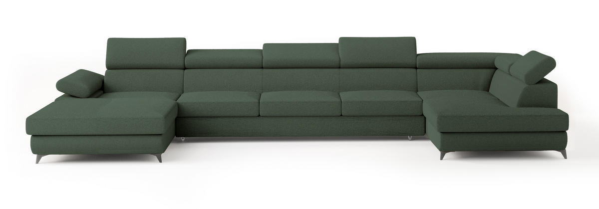 WOHNLANDSCHAFT MONTIVA Grün Boucle-Stoff mit Schlaffunktion - Grün, Holz (410/89/190cm) - MASSENO