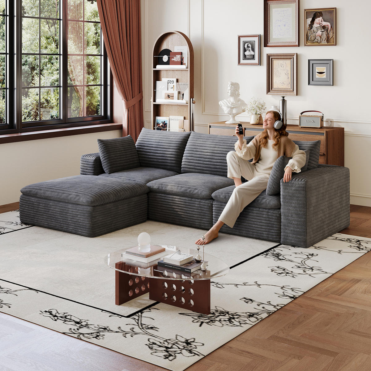 ECKSOFA DE-34773 3-Sitzer mit ottomane Dunkelgrau - Dunkelgrau, Textil (160/260cm) - ComfortXL