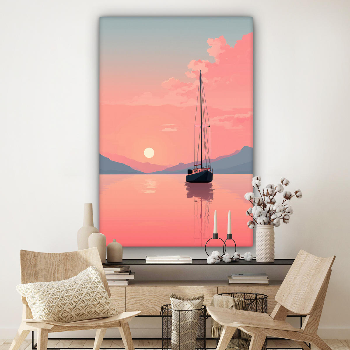OBRAZ NA PLÁTNĚ Plachetnice - Růžové moře - Západ slunce - Hory 90x140 cm - růžová, textil (90/140cm) - MuchoWow