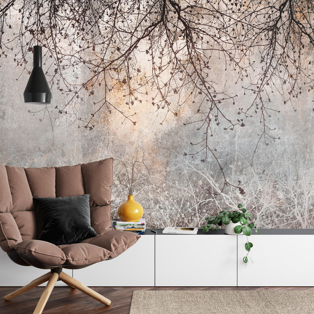 FOTOTAPETA Vetvy Betón Rastliny Abstrakcia 400 x 280 cm - oranžová/hnedá, papier (400/280cm) - Muralo