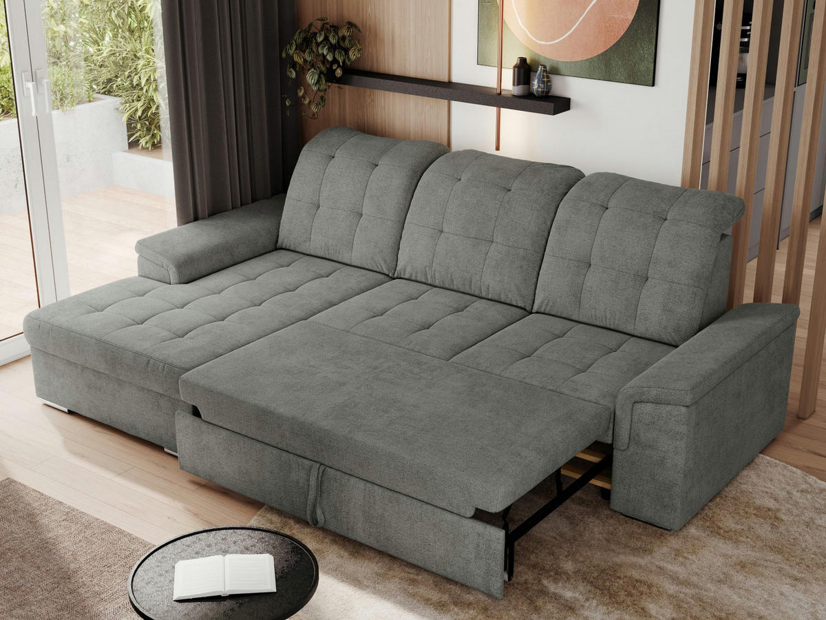 ECKSOFA MADRITO L - Grau Struktur - Links - Silberfarben/Grau, Textil/Metall (160/256cm)