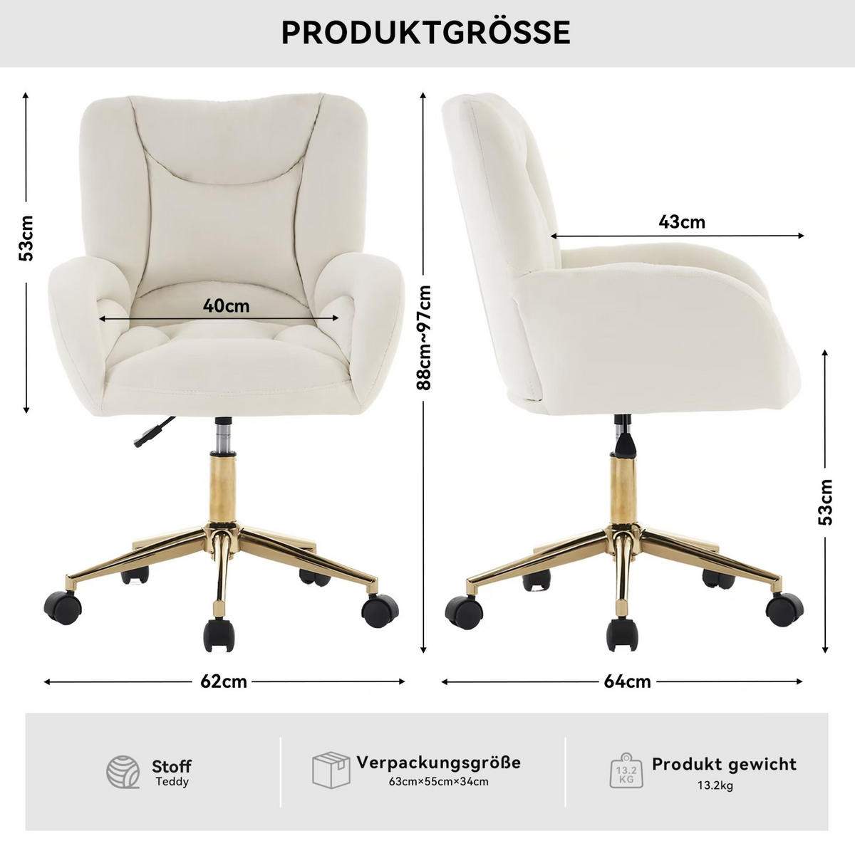 DREHSTUHL höhenverstellbar Samt Ivory mit Rollen - Weiß, Metall (62/92.5/64cm) - Meubliv