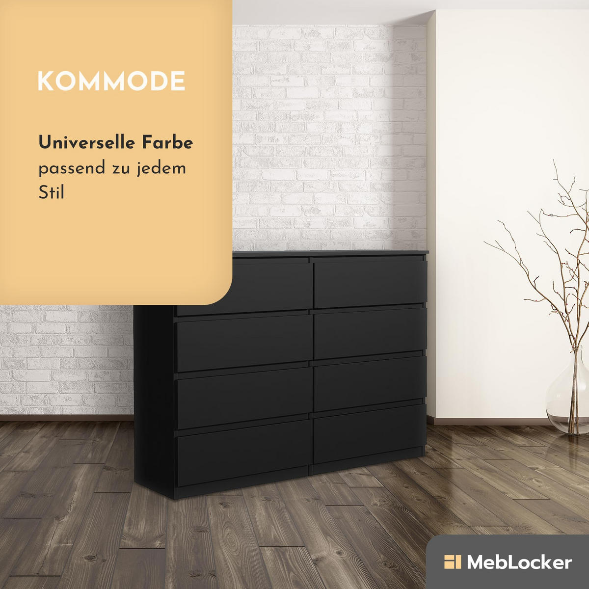 KOMMODE mit 8 Schubladen 140 cm Schwarz - Schwarz, Holzwerkstoff (138.5/101.5/39cm) - MebLocker