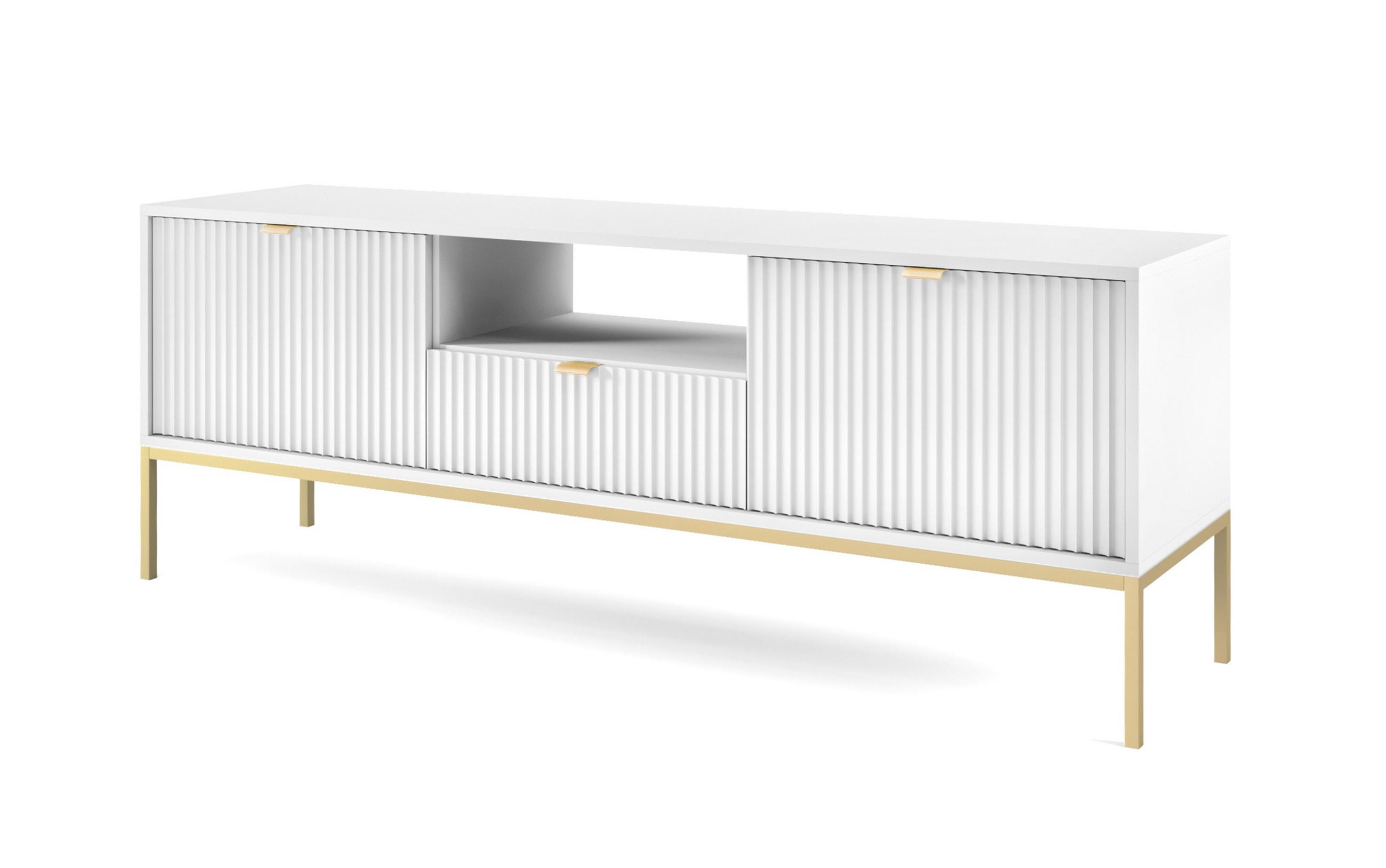 LOWBOARD Eternas 2T 1S Weiß 154/56/39 cm – goldene Füße, mit geriffelten Fronten und offener Ablage - Goldfarben/Weiß, Holzwerkstoff (154/56/39cm) - AX Living
