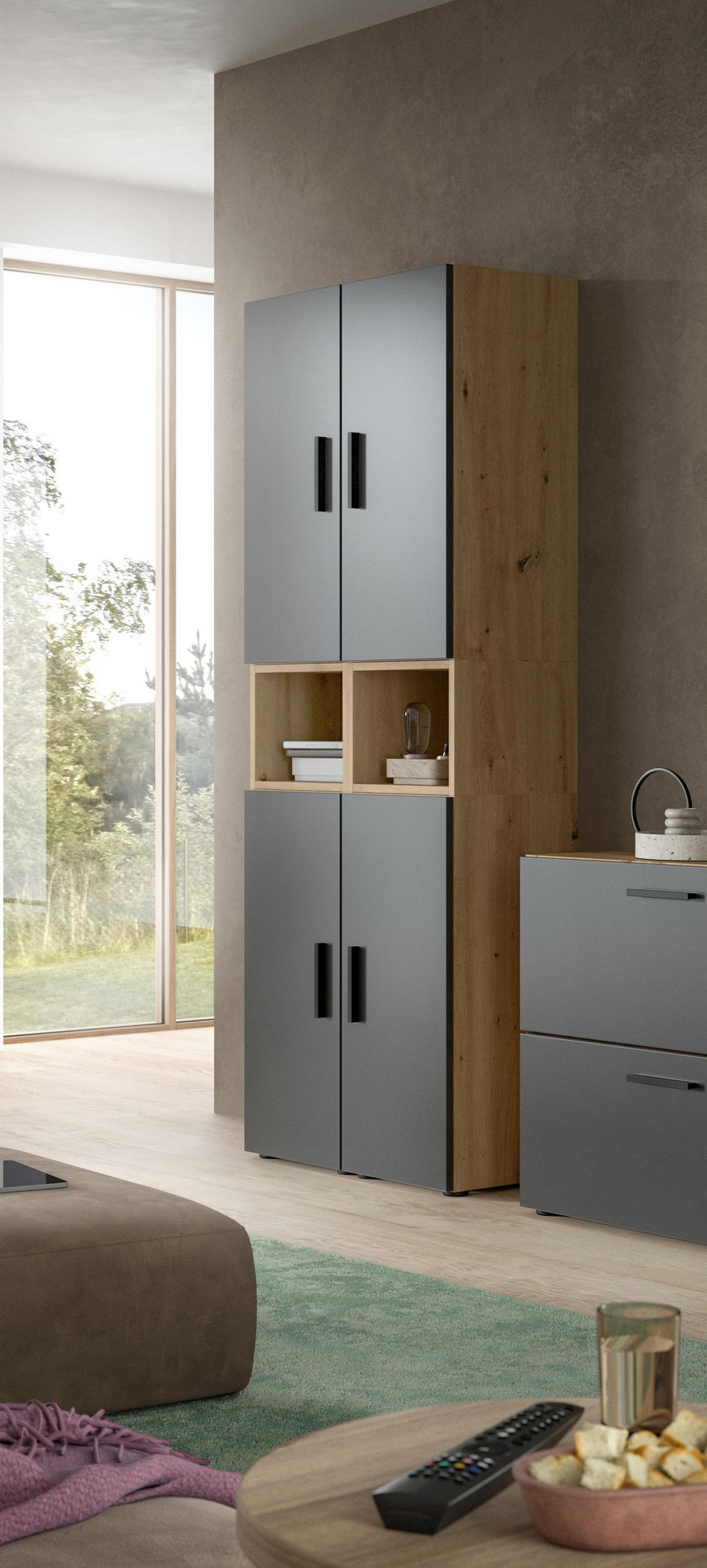 WOHNKOMBINATION THE ONE (B/H/T: ca. 65/178/34 cm) in Artisan Oak Nachbildung/Basalt grau - Eiche Artisan, Holzwerkstoff (65/178/34cm)