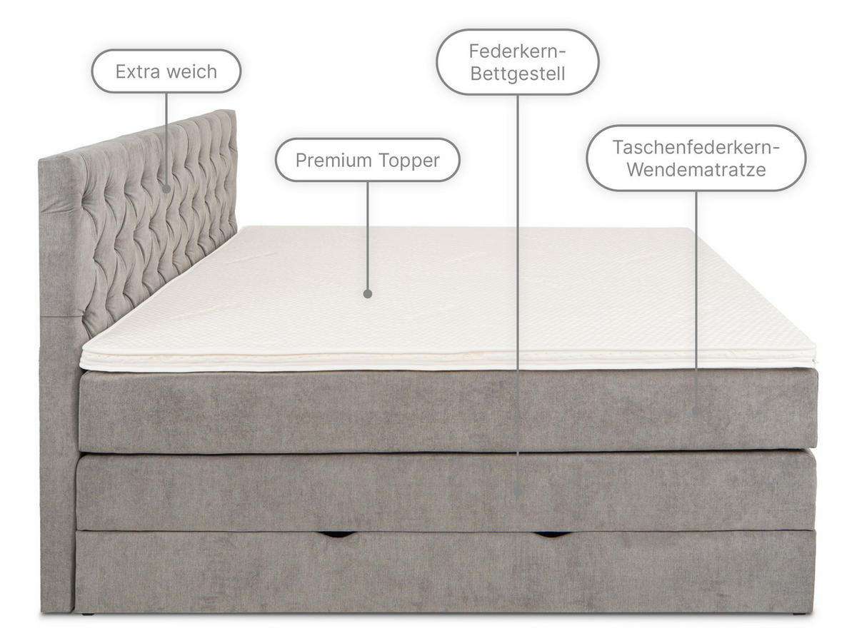 BOXSPRINGBETT Verona Grau 160/200 cm H3/H4 Samt - Grau, Textil (160/200cm) - wonello