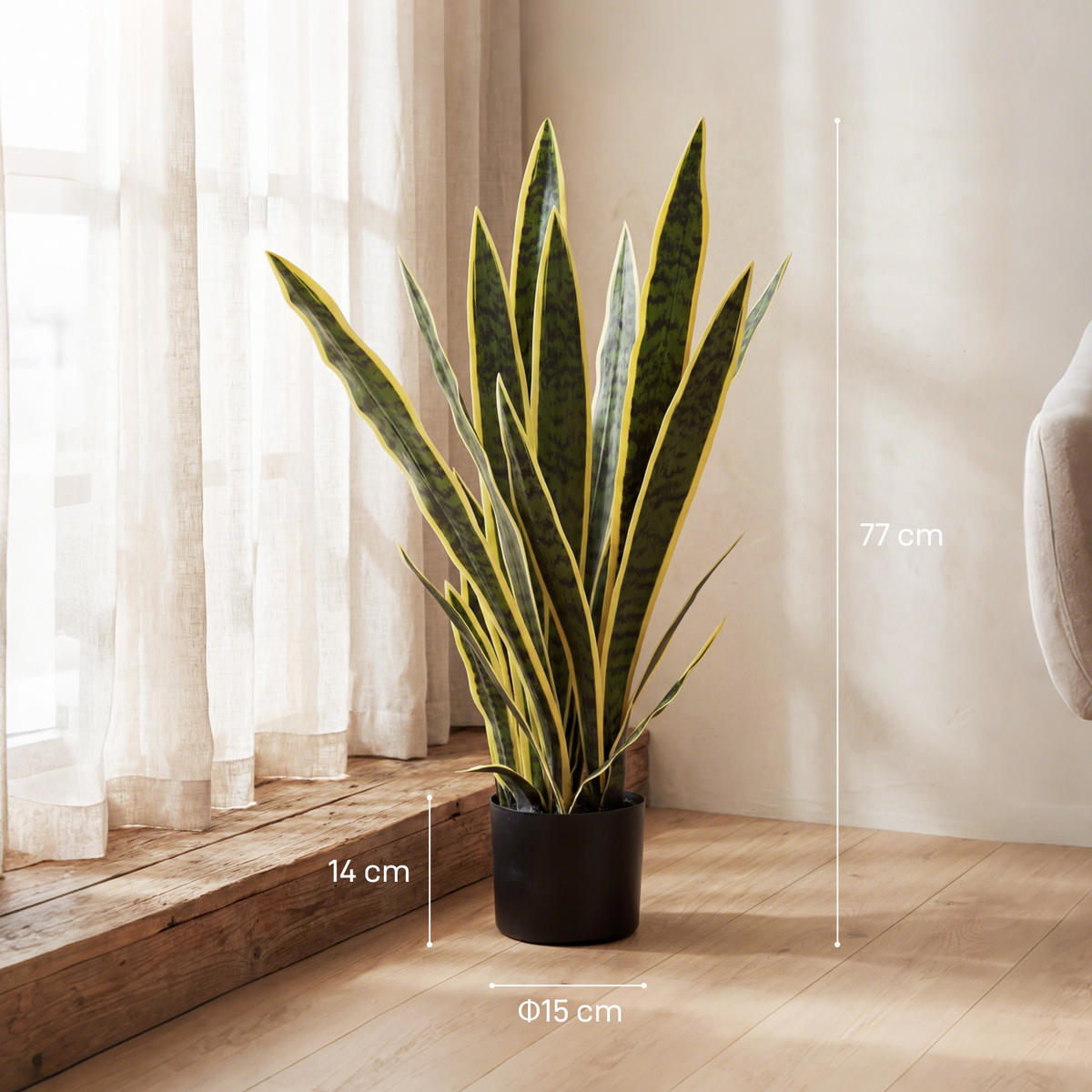 KUNSTPFLANZE, Künstliche Sansevieria, Topf, Ø15x80 cm, realistisch, Grün & Gelb - Multicolor, Kunststoff (77cm) - FORIOUS