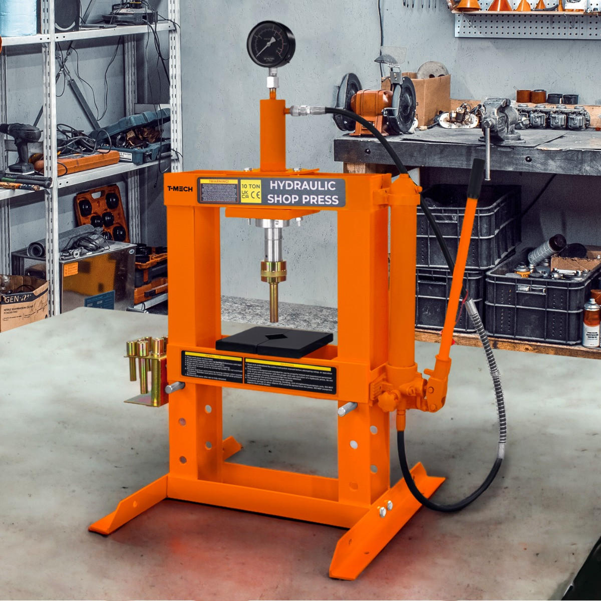 HYDRAULISCHE WERKSTATTPRESSE mit Manometer - 10 Tonne - Orange, Metall (45/65/107cm) - Monstershop