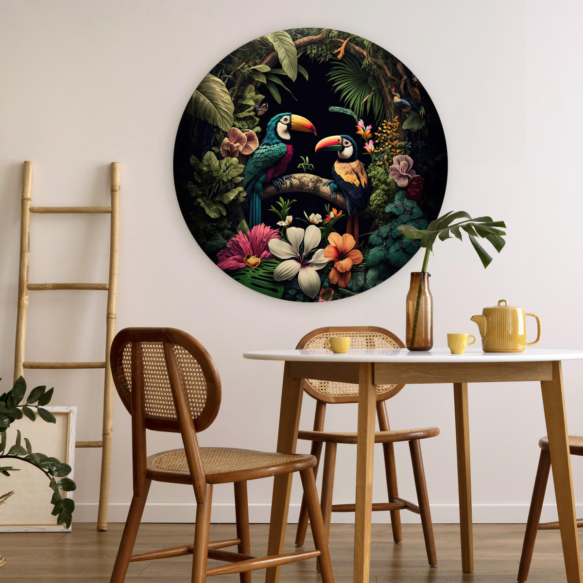 WANDBILD Vogel - Blumen - Pflanzen - Dschungel - Schwarz - Tukan 90x90 cm - Smaragdgrün, Kunststoff (90/90cm) - MuchoWow