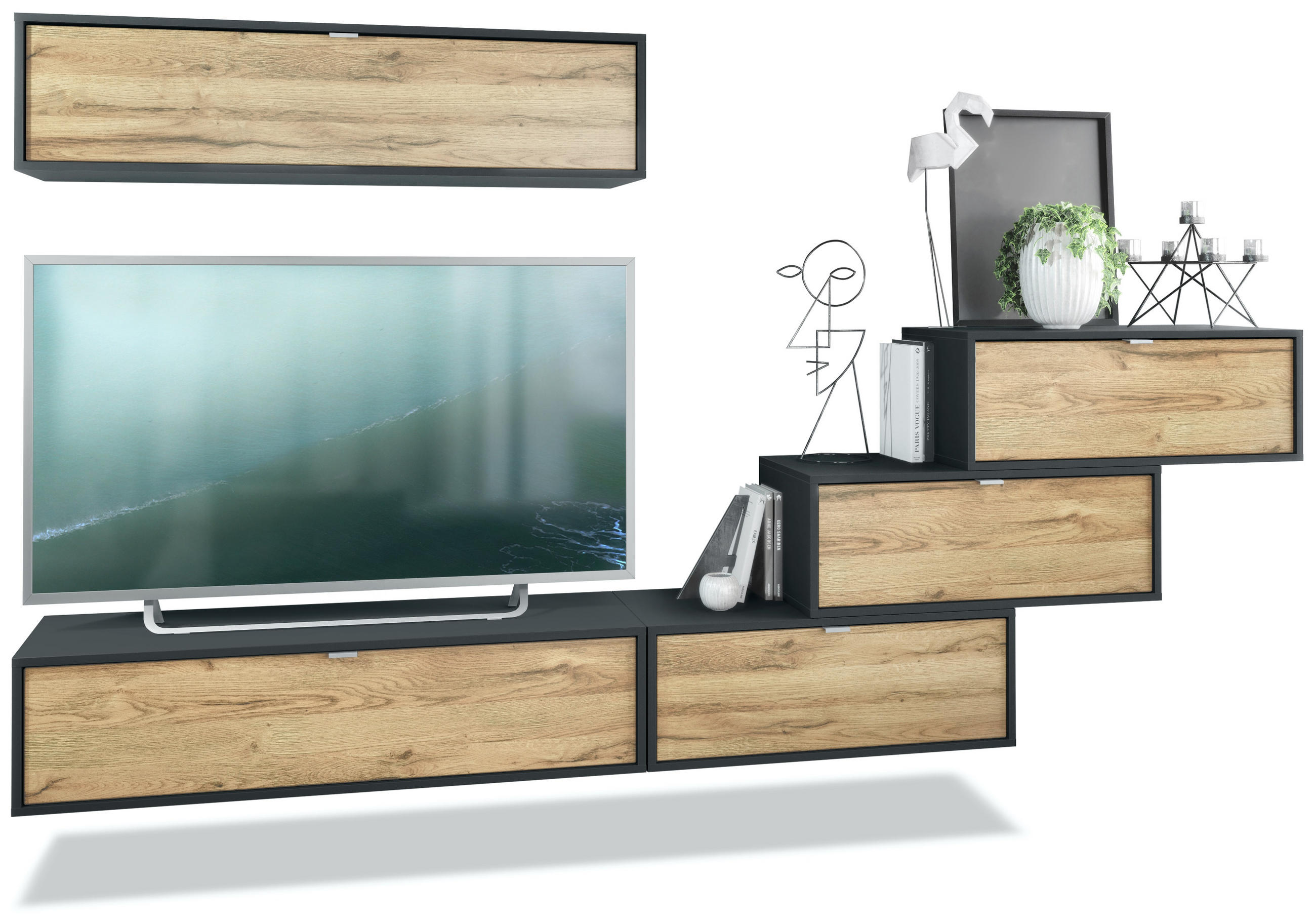 WOHNWAND Lana Fronten in Eiche Natur - Eichefarben, Holzwerkstoff (275/180/37cm) - Vladon