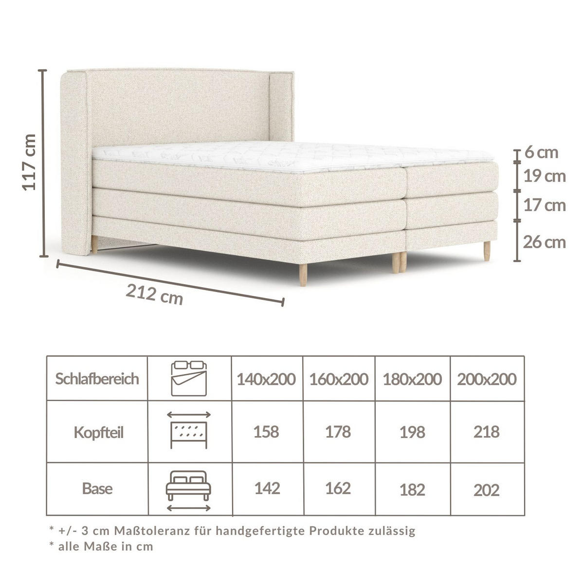BOXSPRINGBETT Carizzo Creme 160/200 cm mit Matratze und Topper - Creme/Naturfarben, Holz/Holzwerkstoff (160/200cm) - Maison de Reve