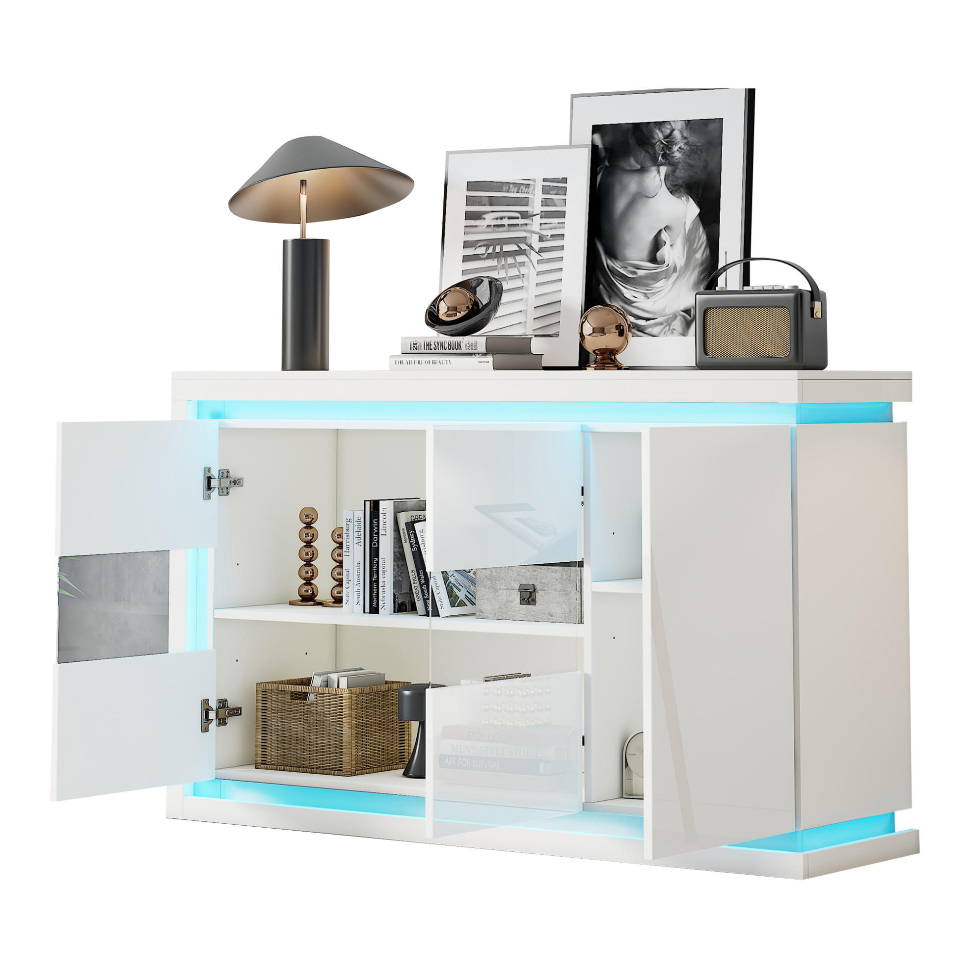 SIDEBOARD 140/40/84 cm mit 3 Türen, LED-Beleuchtung & Glastüren in Weiß - Weiß, Holzwerkstoff (140/84/40cm) - BEAOK