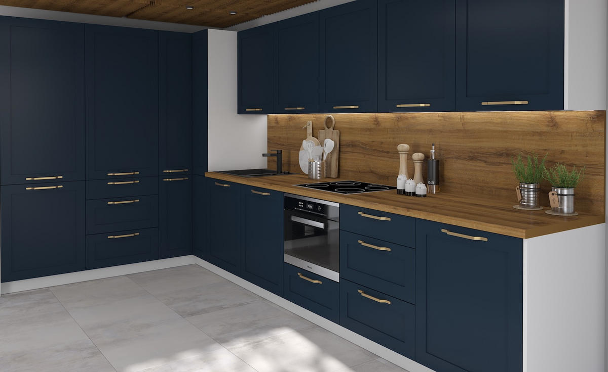 KÜCHENLEERBLOCK Oslo weiß matt / indigo matt 212 / 392 / 207cm 13-teilig mit Teilauszug (Blum Metabox) - Blau/Schwarz, Holzwerkstoff/Metall (212/207/392cm) - Feldmann-Wohnen