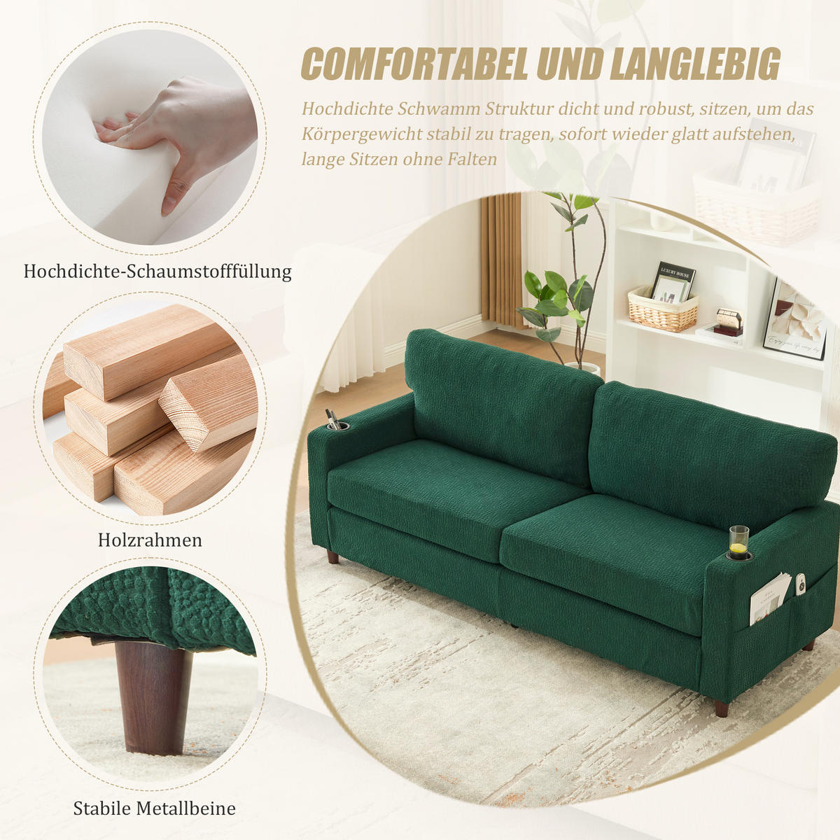 ZWEISITZER Sofa Chenille mit USB-Anschluss LED und Getränkehaltern 203/77,5/86 cm Smaragdgrün - Smaragdgrün, Textil (77.5/86/203cm) - Redom