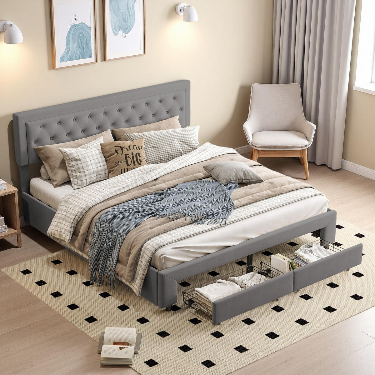 POLSTERBETT 160x200 cm Stauraum 2 Schubladen Lattenrost Samt grau - Grau, Holz (160/200cm) - LEBENLANG