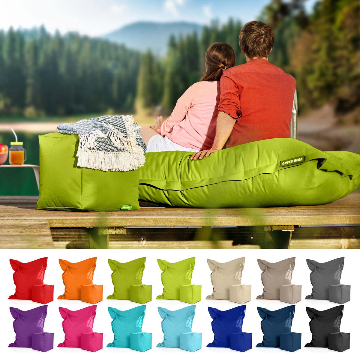 XXL-SITZSACK + Pouf 2er Set - 140x180cm - Grün, Textil (140/25/180cm) - Green Bean