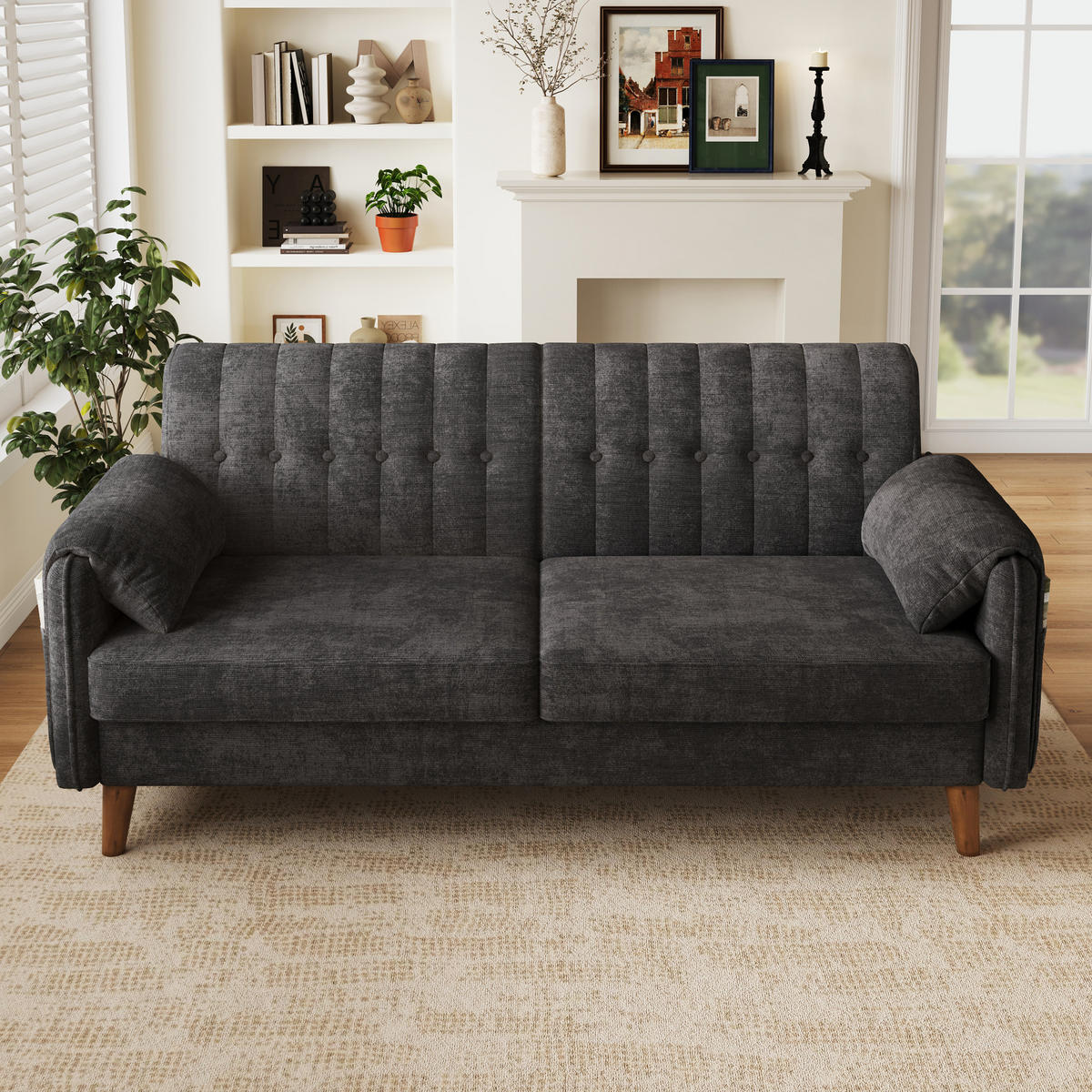 SOFA 161,5/79/83,5 cm in Dunkelgrau aus Chenille mit Armlehnenkissen - Anthrazit, Textil (79/83.5/161.5cm) - Flora Grace
