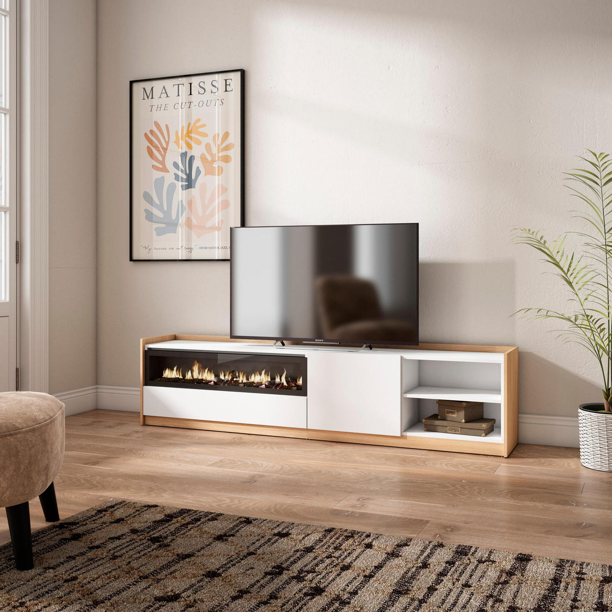 TV-SCHRANK, Lowboard, Weiß und Eiche Soft, Elektrokamin, 207/37/50cm - Weiß, Holzwerkstoff (207/50/37cm) - Skraut Home