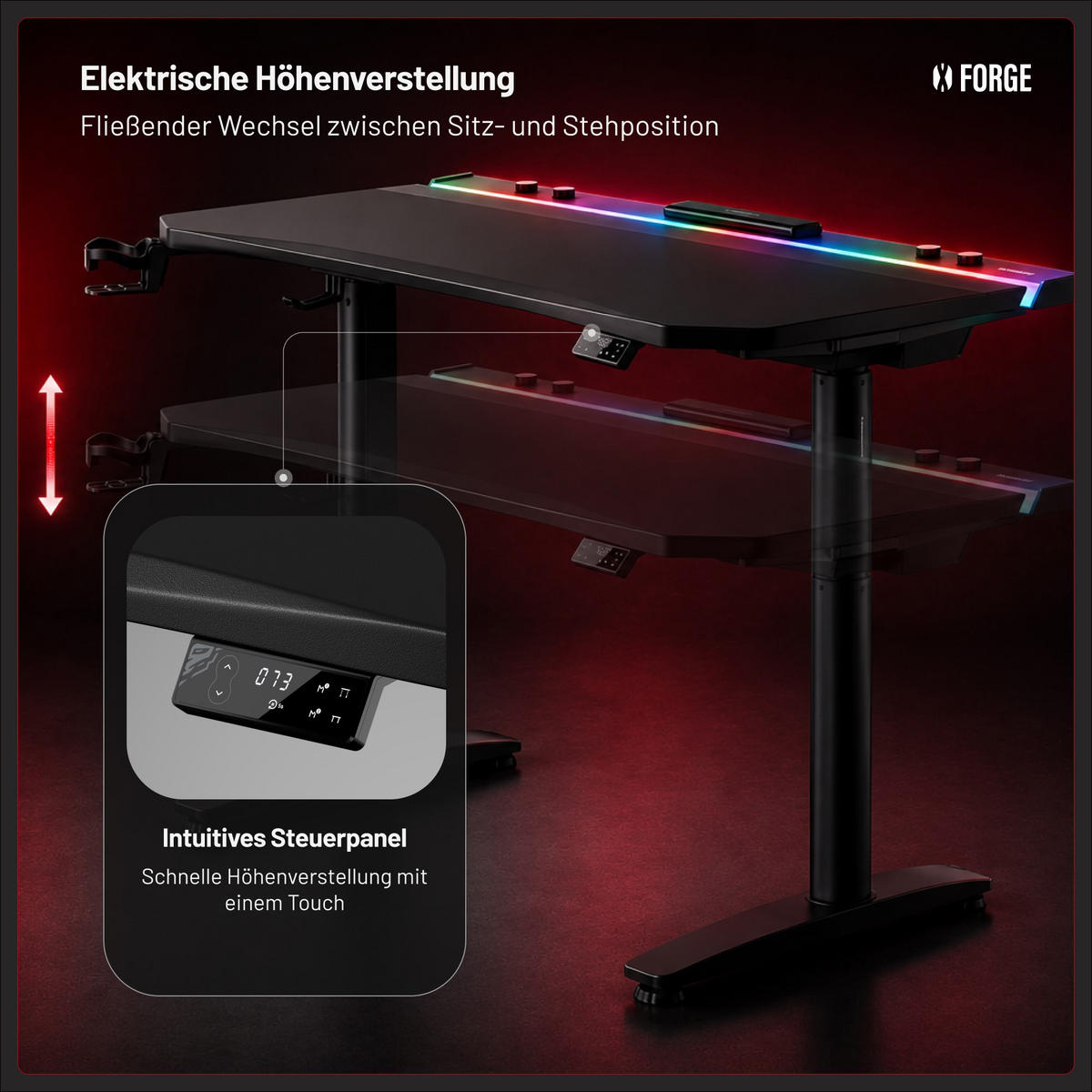 ELEKTRISCH verstellbarer Gaming-Schreibtisch X-Forge 120 x 70 cm - Schwarz, Metall (70/160/73cm) - Diablo Chairs